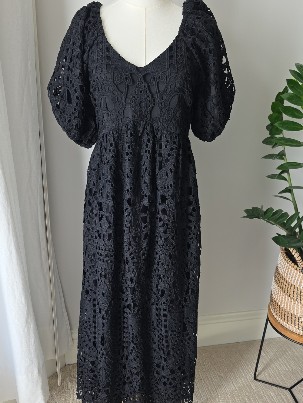Polagram Black Eyelet Lace Maxi Dress with Puff Sleeves